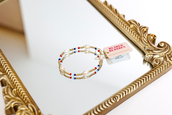 Beaded Blondes | Red, White & Blues Pearl Gold Stretchy Poppi Bracelet