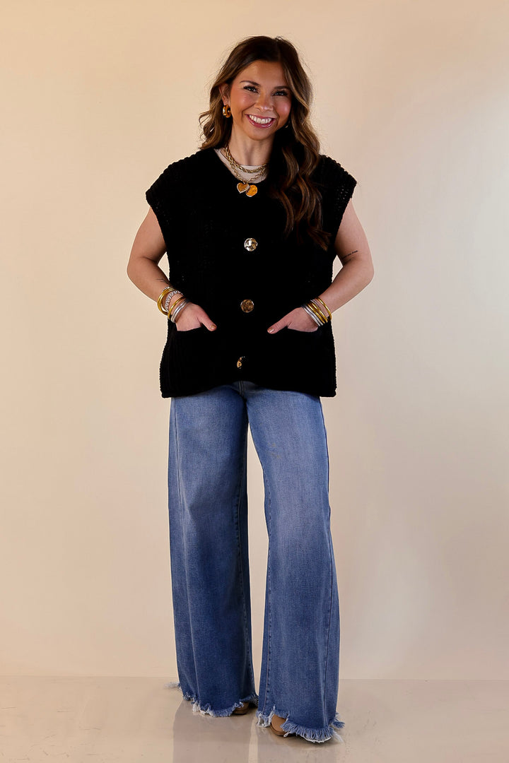 Always Effortless Oversized Button Down Large Knit Sweater Vest in Black