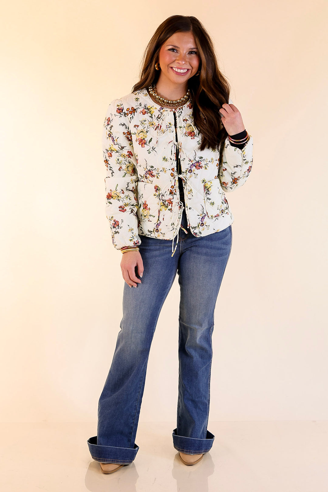 Chic in Bloom Quilted Floral Jacket with Front Ties in Ivory
