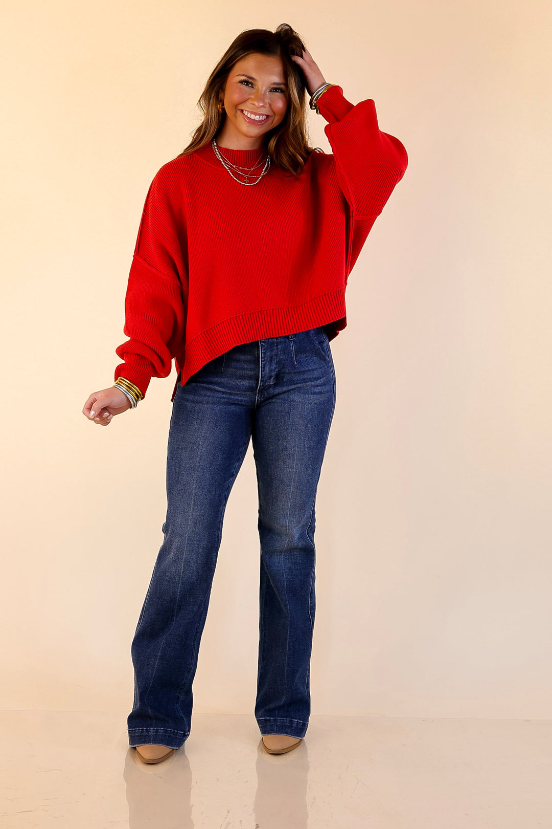Fireside Fit Cropped Long Sleeve Mock Neck Sweater in Red