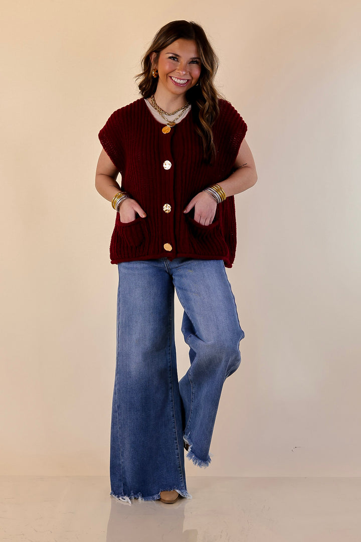 Always Effortless Oversized Button Down Large Knit Sweater Vest in Maroon