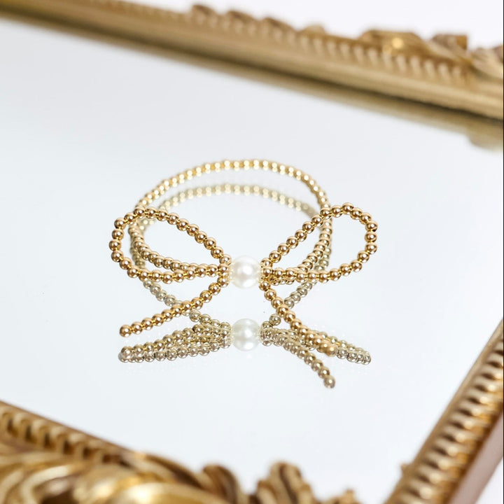 Beaded Blondes | Gold Bow Bracelet with Pearl Accent