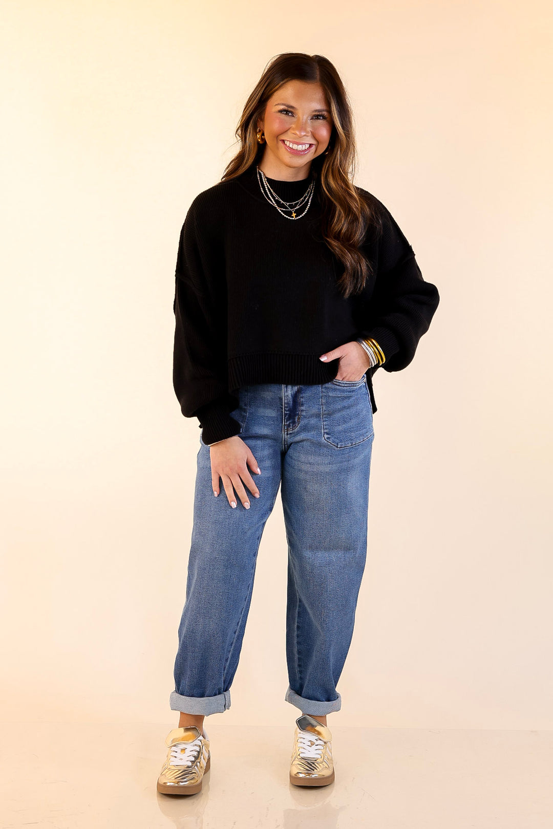 Fireside Fit Cropped Long Sleeve Mock Neck Sweater in Black