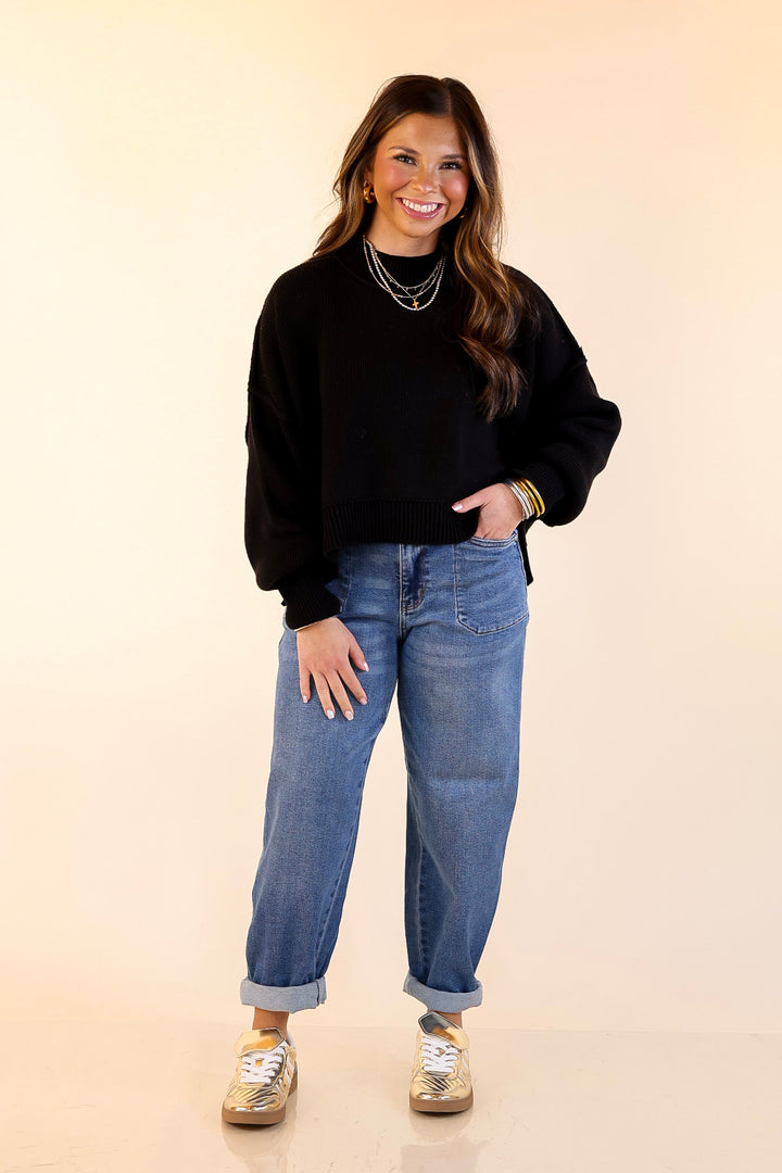Fireside Fit Cropped Long Sleeve Mock Neck Sweater in Black