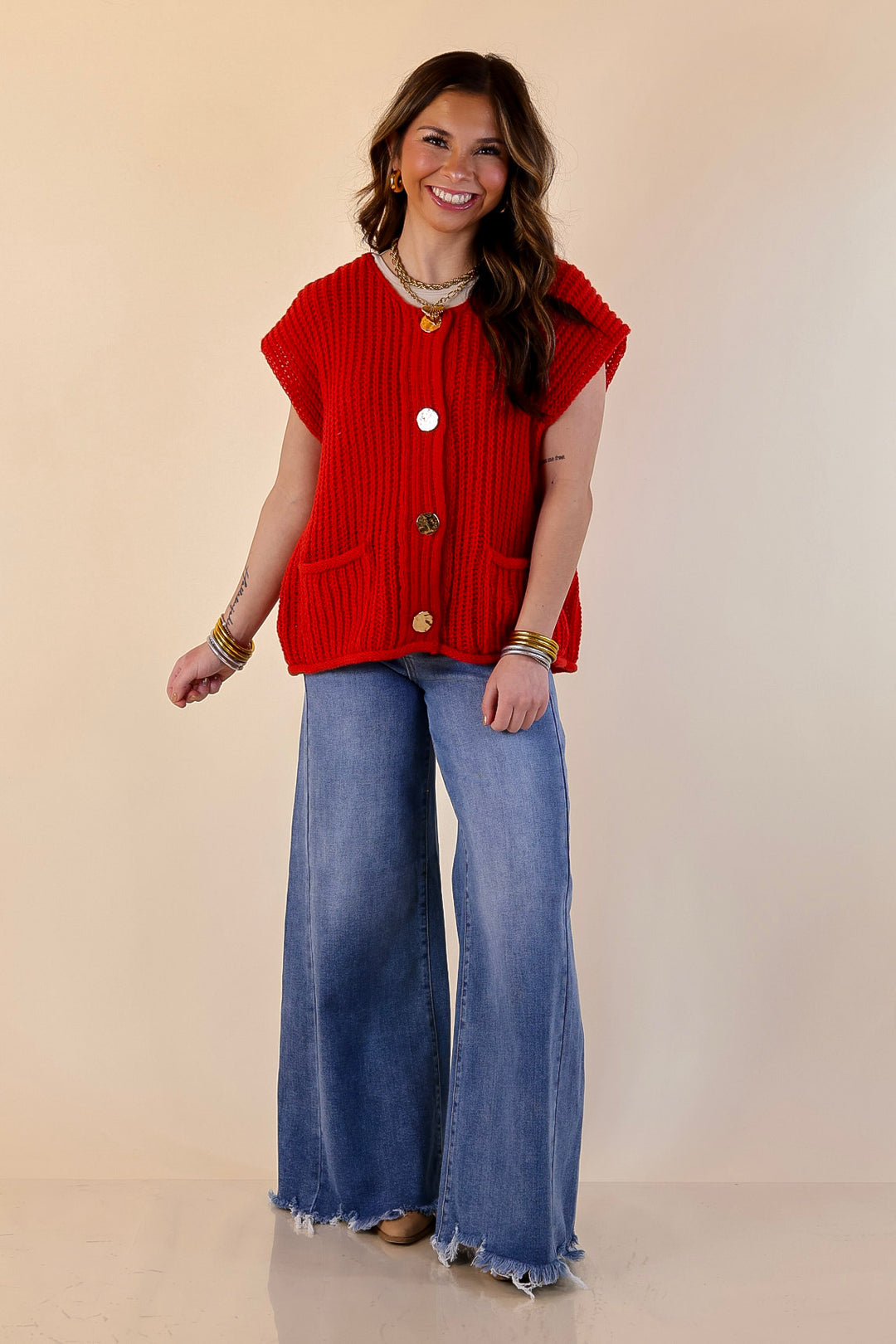 Always Effortless Oversized Button Down Large Knit Sweater Vest in Red