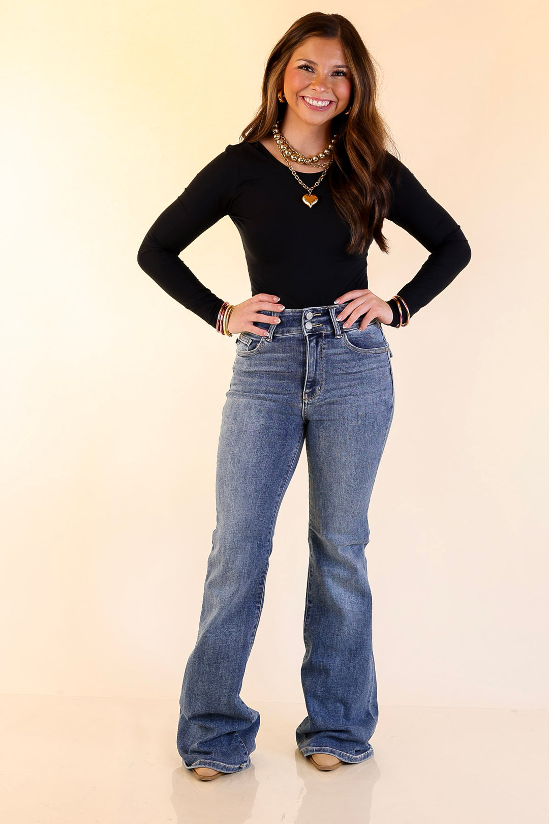 Judy Blue | Made for More Double Button Flare Jean in Medium Wash