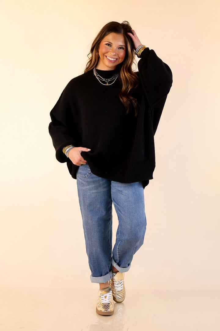 Snug and Stylish Mock Neck Sweater with Side Slit in Black