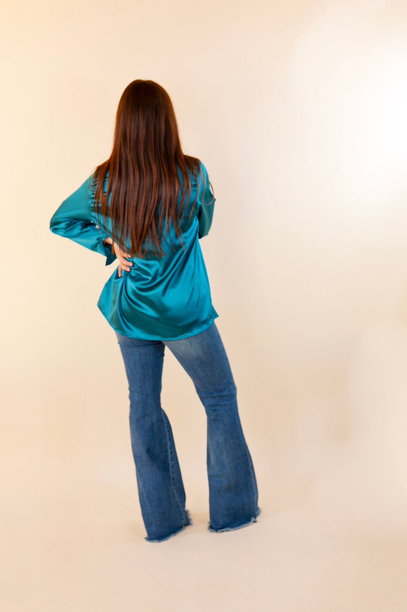 Down To Disco Satin Long Sleeve Button Up Top in Teal Blue - Giddy Up Glamour Boutique