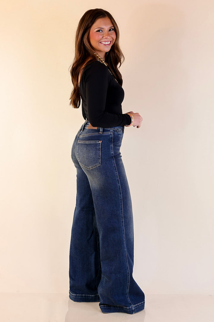 Judy Blue | Perfectly Poised Tummy Control Retro Wide Leg Trouser Jean in Dark Wash