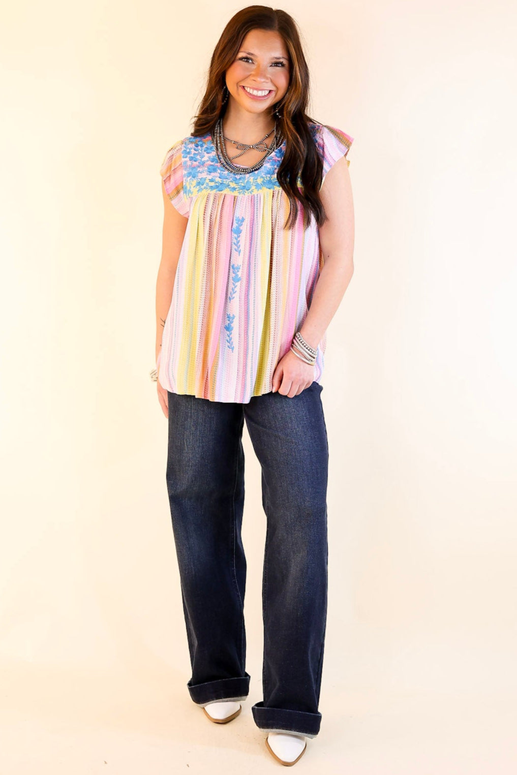 Grab My Hand Serape Ruffle Cap Sleeve Top with Floral Embroidery in Pink Mix
