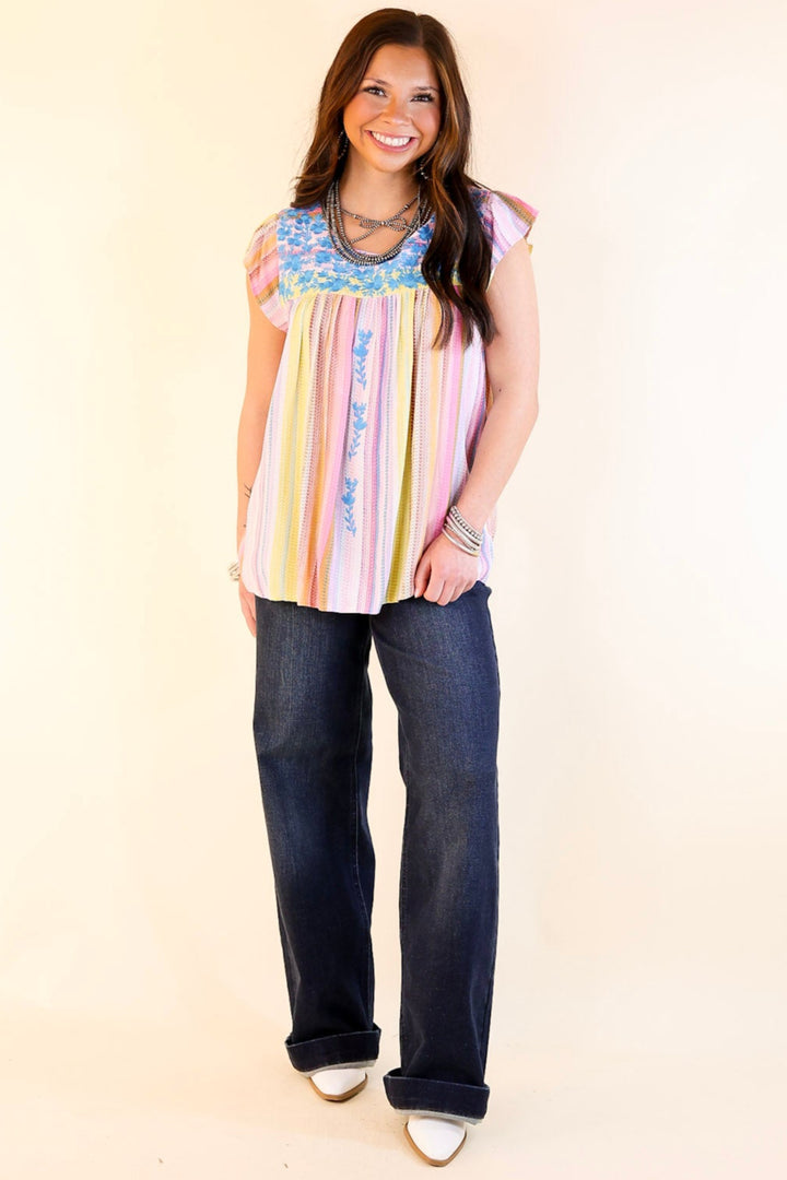Grab My Hand Serape Ruffle Cap Sleeve Top with Floral Embroidery in Pink Mix
