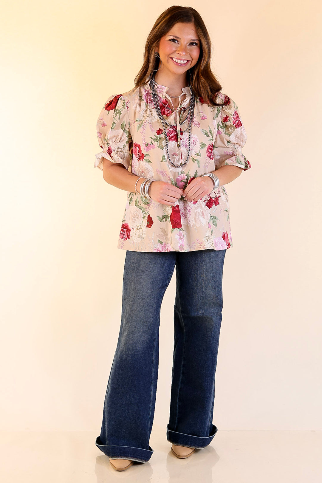 Freshly Picked Floral Print Top with Short Puff Sleeves in Beige