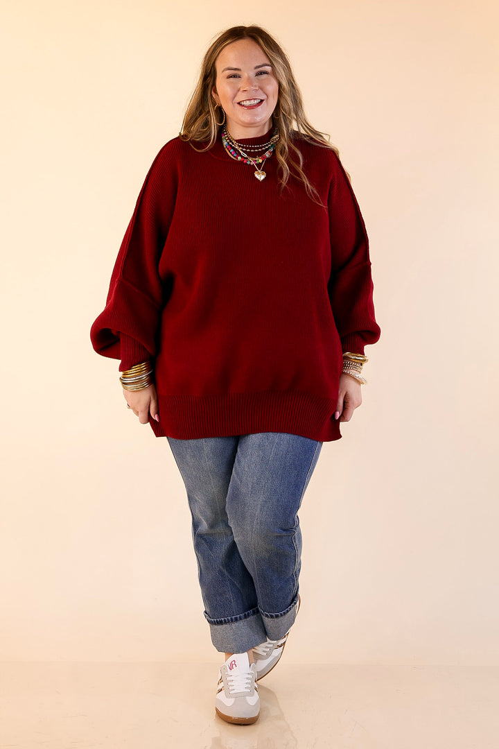 Snug and Stylish Mock Neck Sweater with Side Slit in Maroon