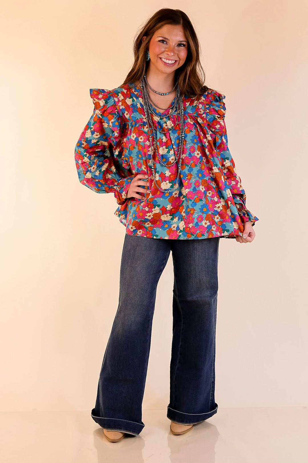 Coffee Perks Floral Ruffle Detail Long Sleeve Top in Turquoise Blue