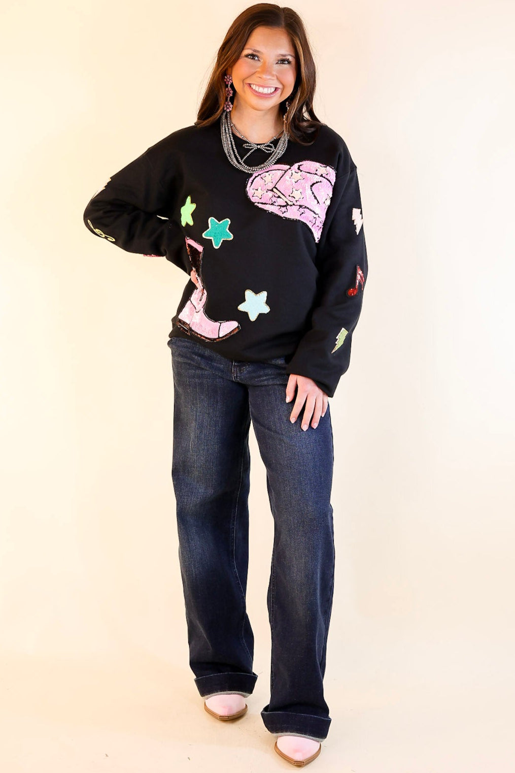 Nashville Lights Chenille and Sequin Patch Graphic Sweatshirt in Black