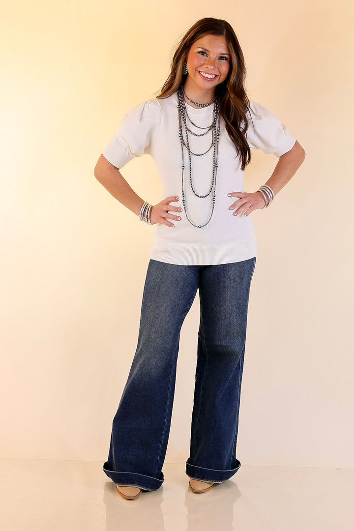 Sweet Sophistication Puff Short Sleeve Knit Sweater with Scoop Neck in Ivory