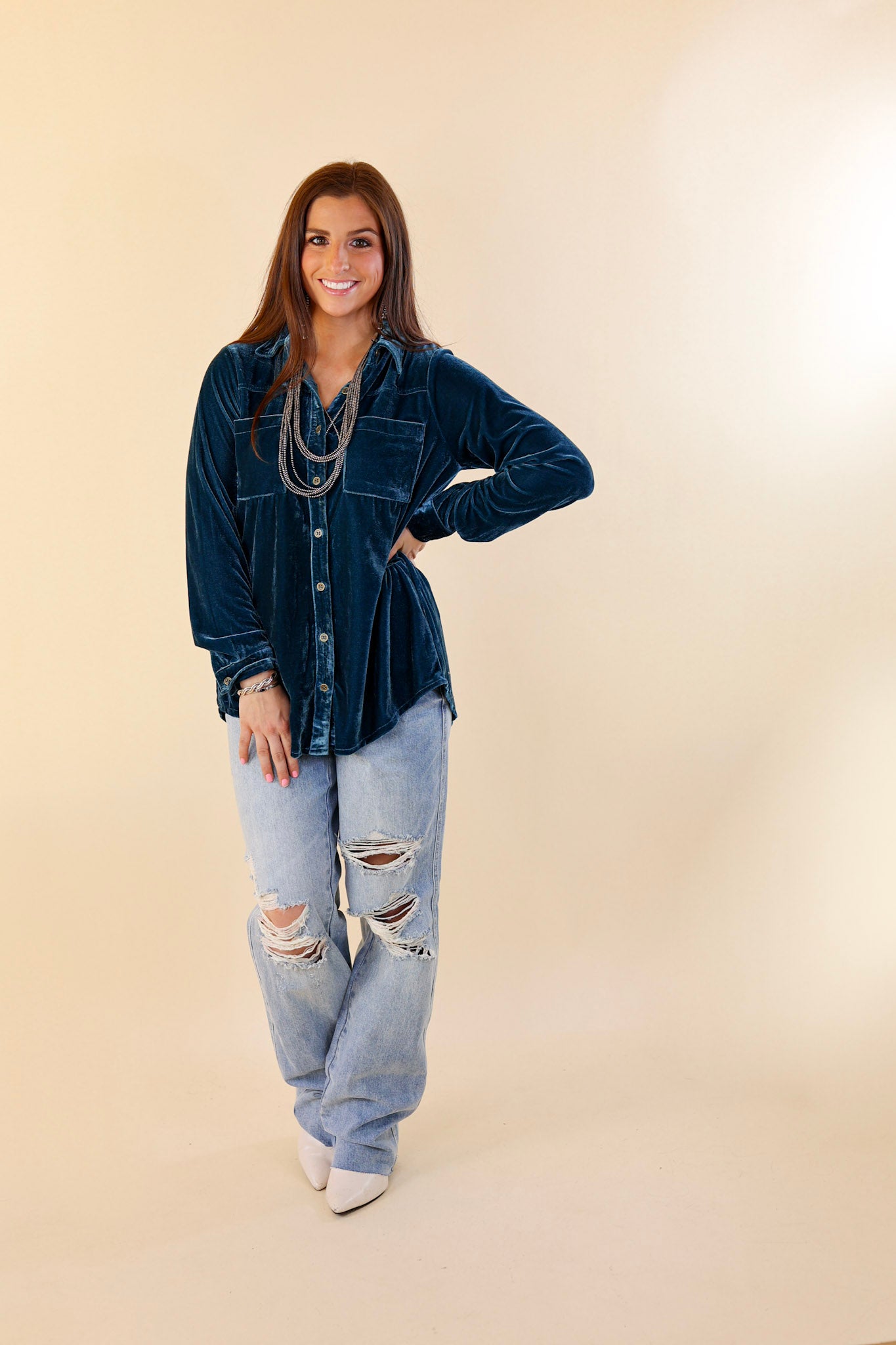 Candy Apple Evening Button Up Velvet Long Sleeve Blouse in Teal Blue - Giddy Up Glamour Boutique