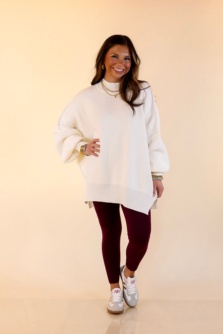 Snug and Stylish Mock Neck Sweater with Side Slit in Ivory