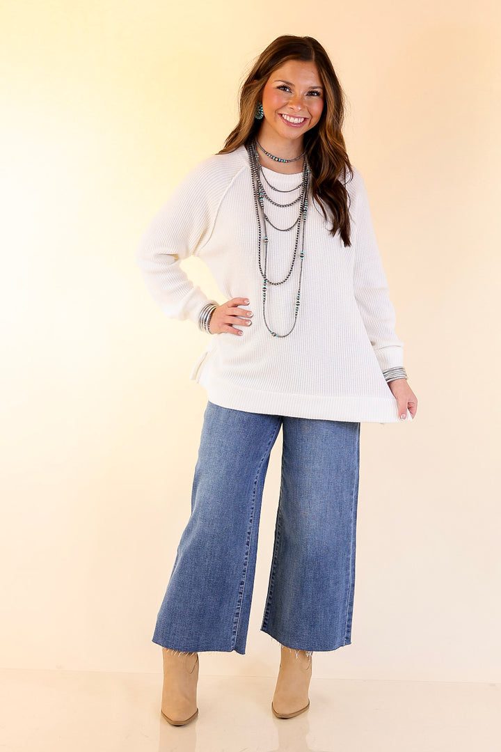 Essentially Chic Waffle Knit Long Sleeve Scoop Neck Top in Ivory