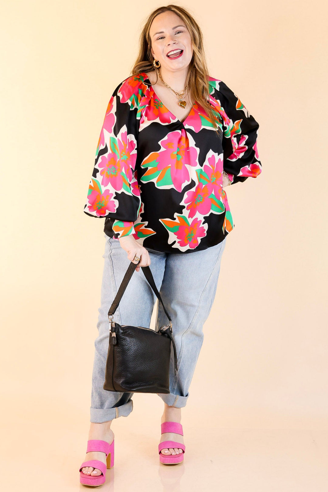 Peony Path Long Sleeve Floral Top with V Neckline in Black