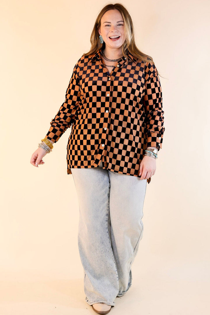 Style Icon Checkered Velvet Button Up Top in Black and Nude