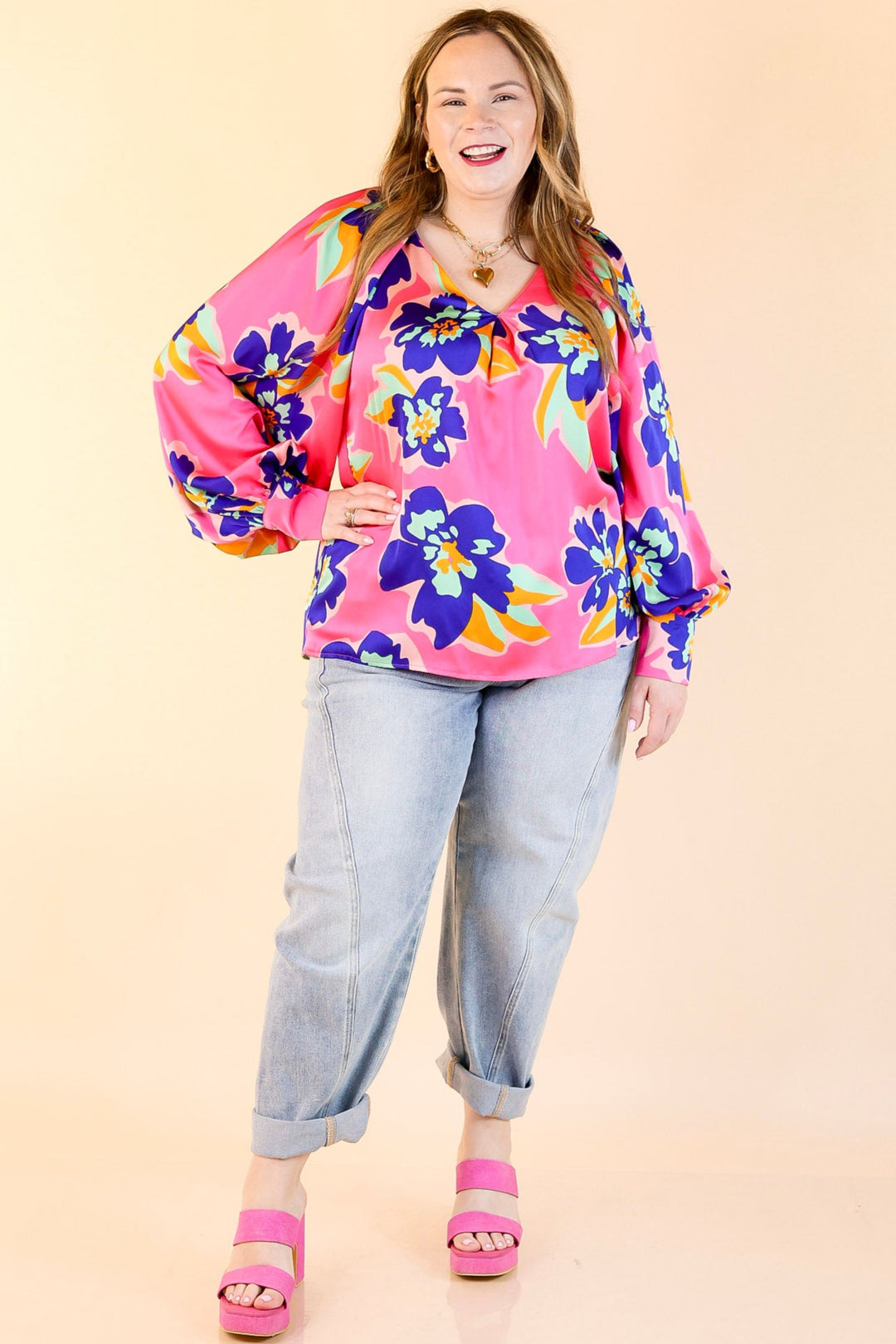 Peony Path Long Sleeve Floral Top with V Neckline in Pink