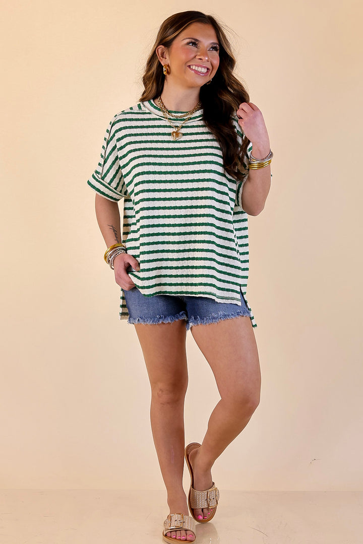 On The Daily Scoop Neck Short Sleeve Striped Textured Top in Kelly Green