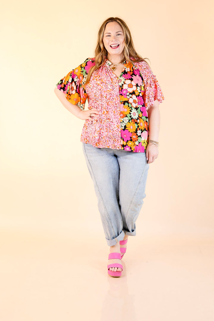 Double Time Abstract Print and Floral Print Top in Black and White