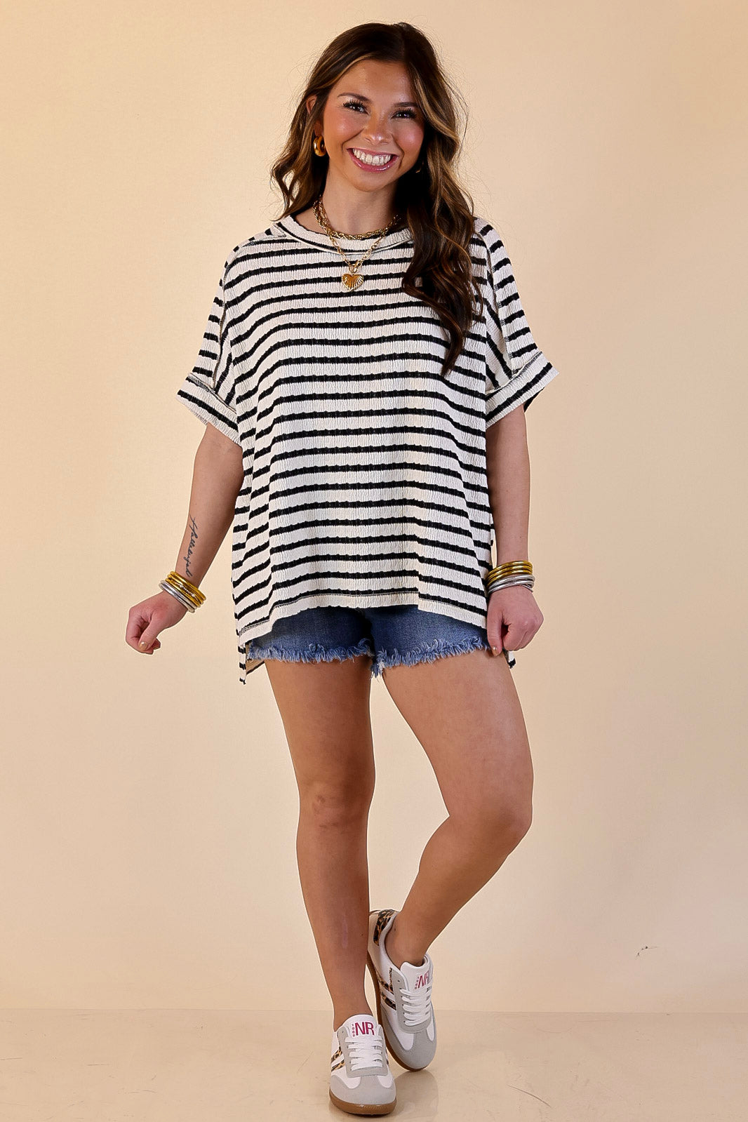 On The Daily Scoop Neck Short Sleeve Striped Textured Top in Black