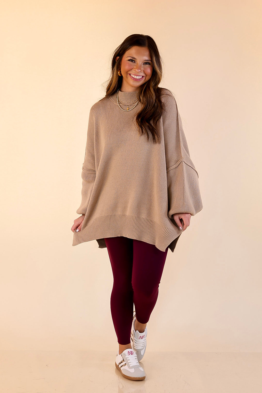Snug and Stylish Mock Neck Sweater with Side Slit in Light Mocha Brown