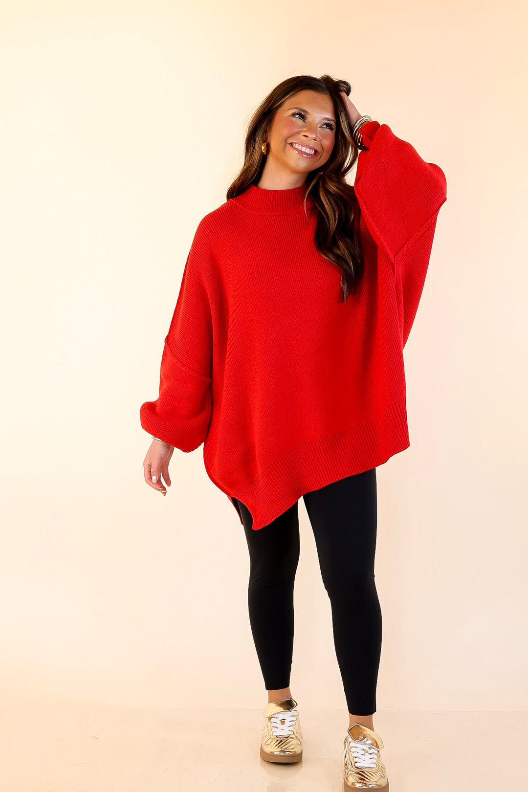 Snug and Stylish Mock Neck Sweater with Side Slit in Ruby Red
