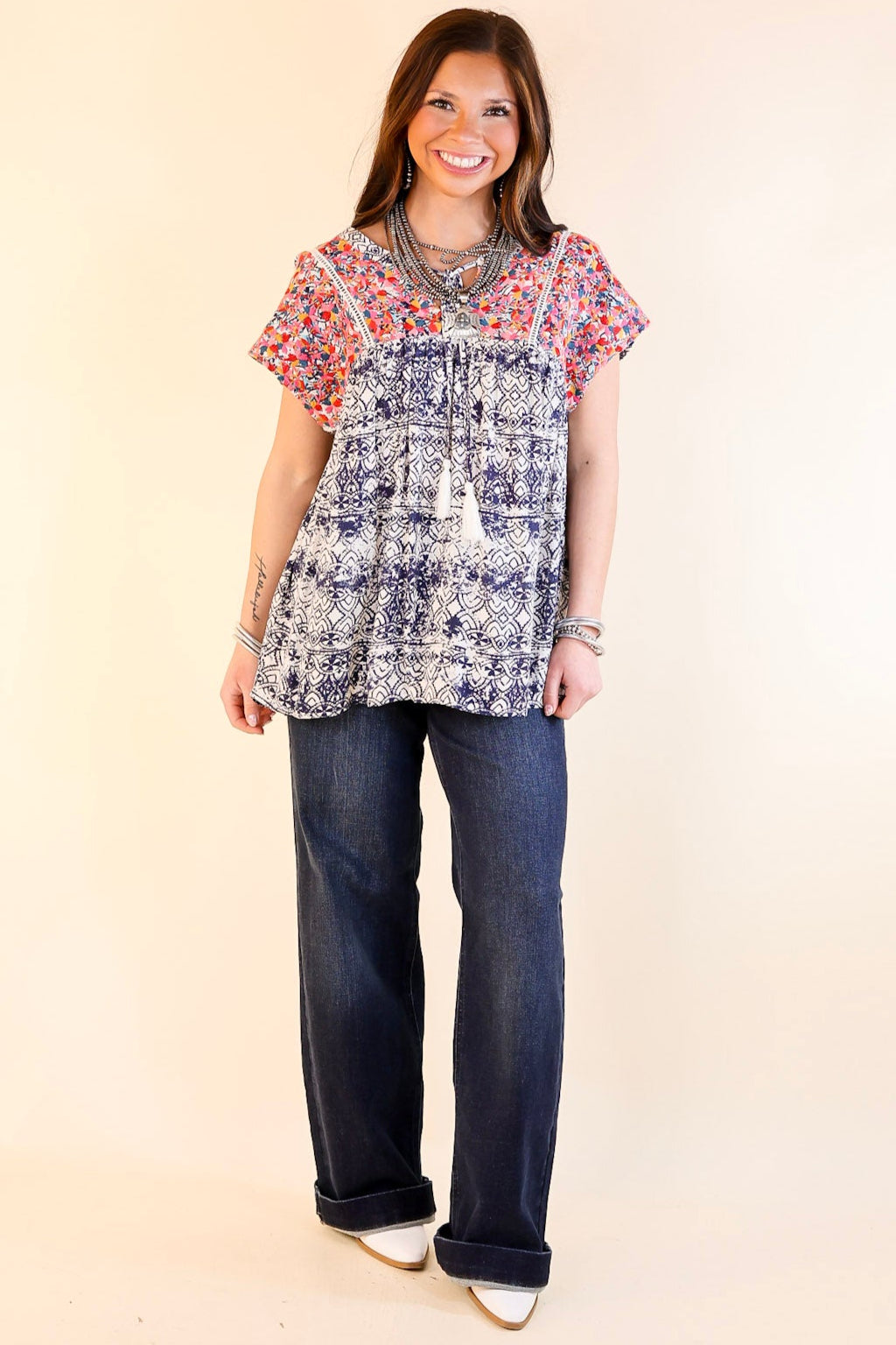 Fredericksburg In the Spring Embroidered Top with Front Keyhole in Ivory and Navy