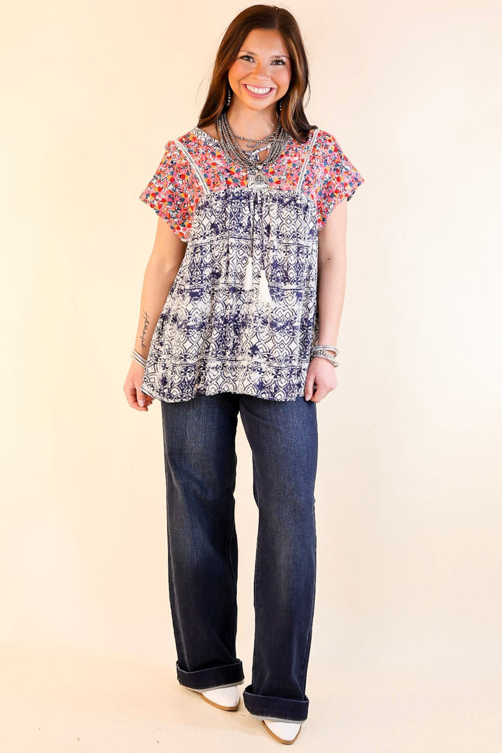 Fredericksburg In the Spring Embroidered Top with Front Keyhole in Ivory and Navy