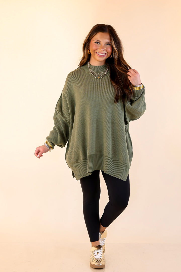 Snug and Stylish Mock Neck Sweater with Side Slit in Olive Green