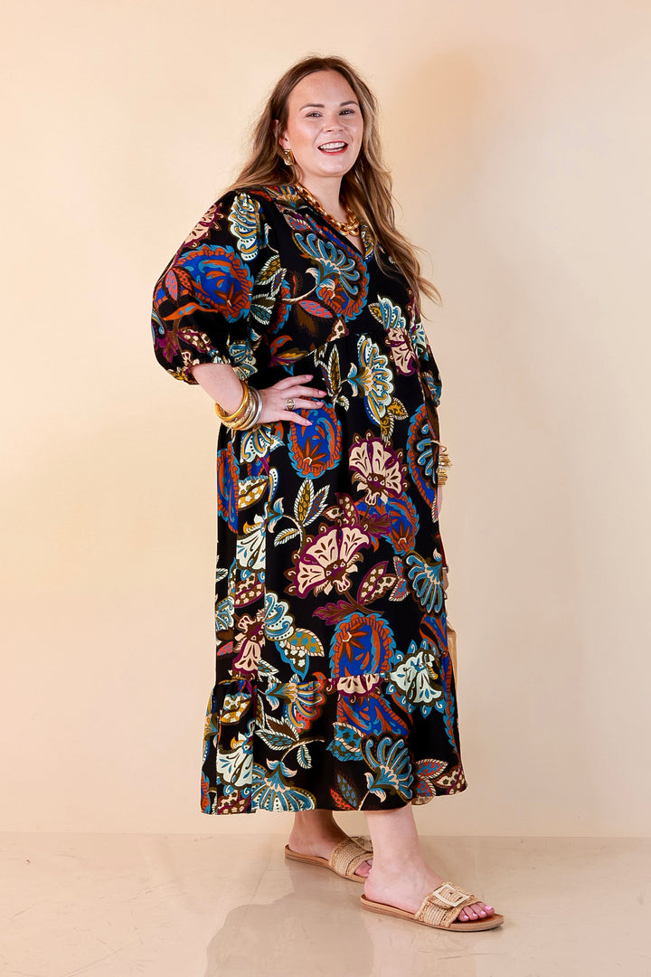 Season of Style Floral Print V Neck 3/4 Sleeve Collared Tiered Midi Dress in Black Multi