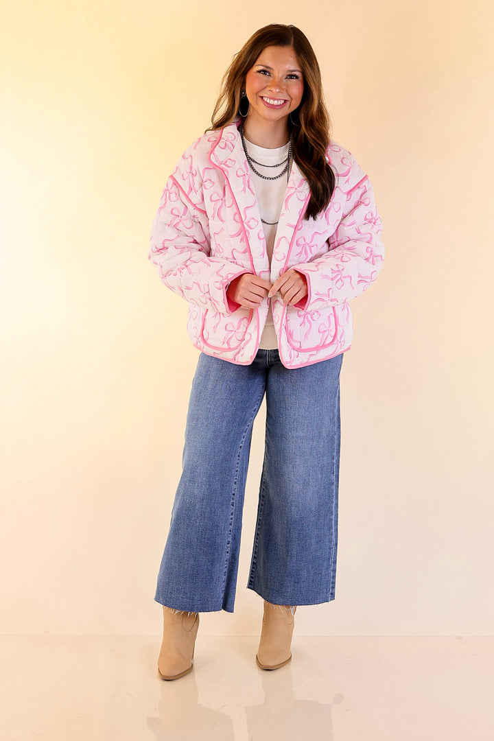 Mud Pie | Cher Quilted Jacket with Pink Bow Print and Pink Piping and Pockets in Off White