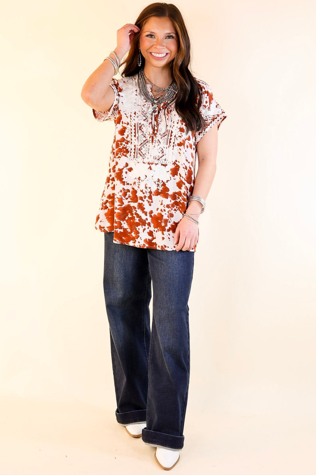 Hear The Applause Embroidered Top in White and Rust Orange