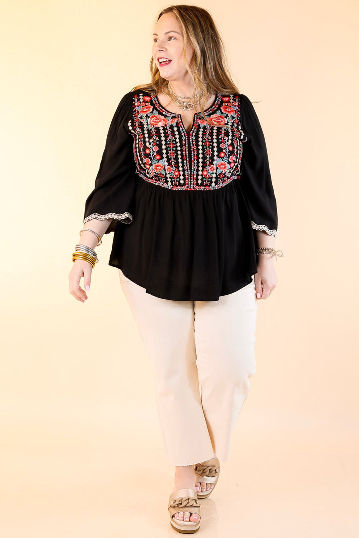Already Mine 3/4 Bell Sleeve Embroidered Babydoll Top in Black