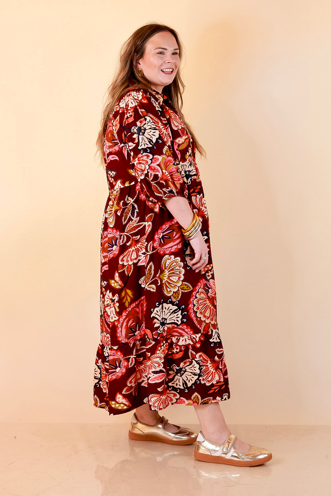Season of Style Floral Print V Neck 3/4 Sleeve Collared Tiered Midi Dress in Maroon Multi