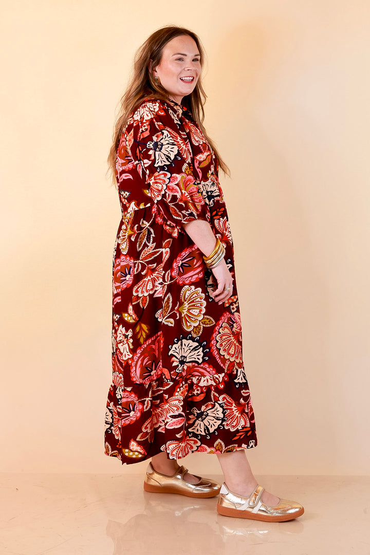Season of Style Floral Print V Neck 3/4 Sleeve Collared Tiered Midi Dress in Maroon Multi