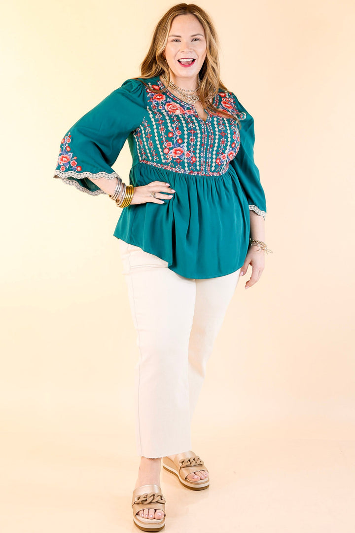 Already Mine 3/4 Bell Sleeve Embroidered Babydoll Top in Teal