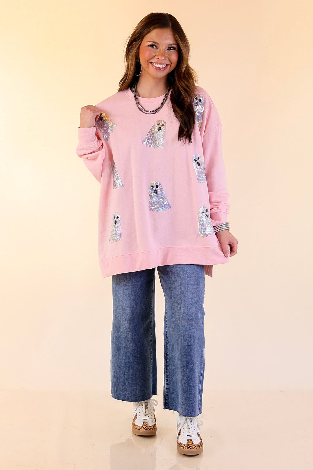 Mud Pie | Too Cute to Spook Crew Neck Sweatshirt with Side Slits and Sequin Ghosts in Pink