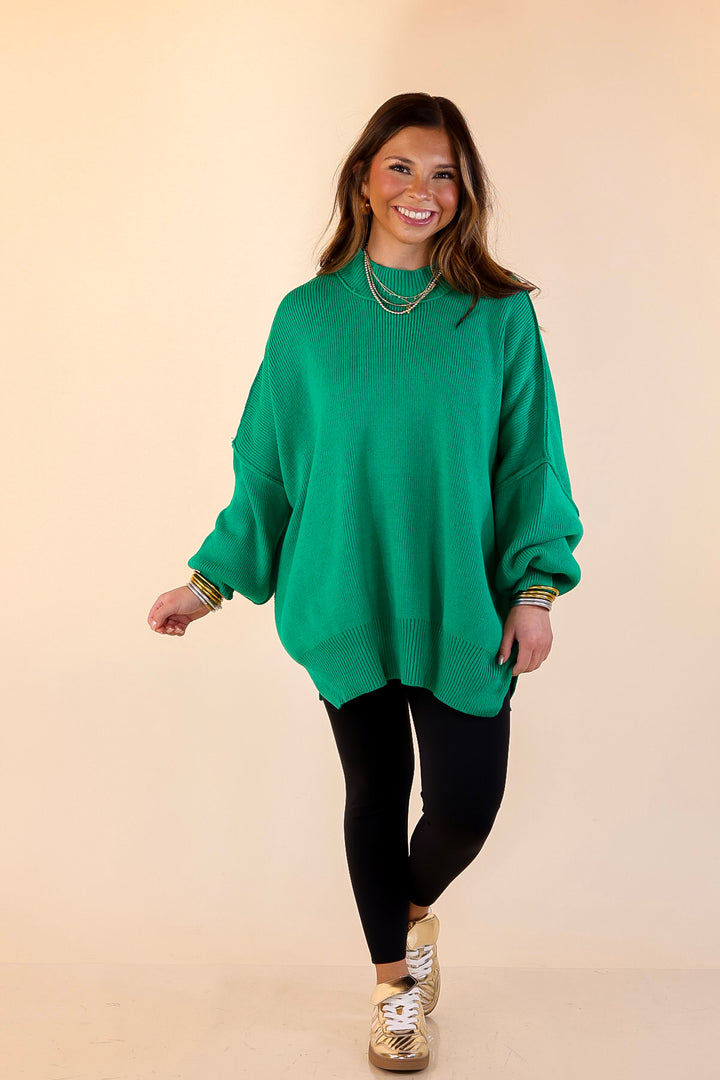 Snug and Stylish Mock Neck Sweater with Side Slit in Kelly Green