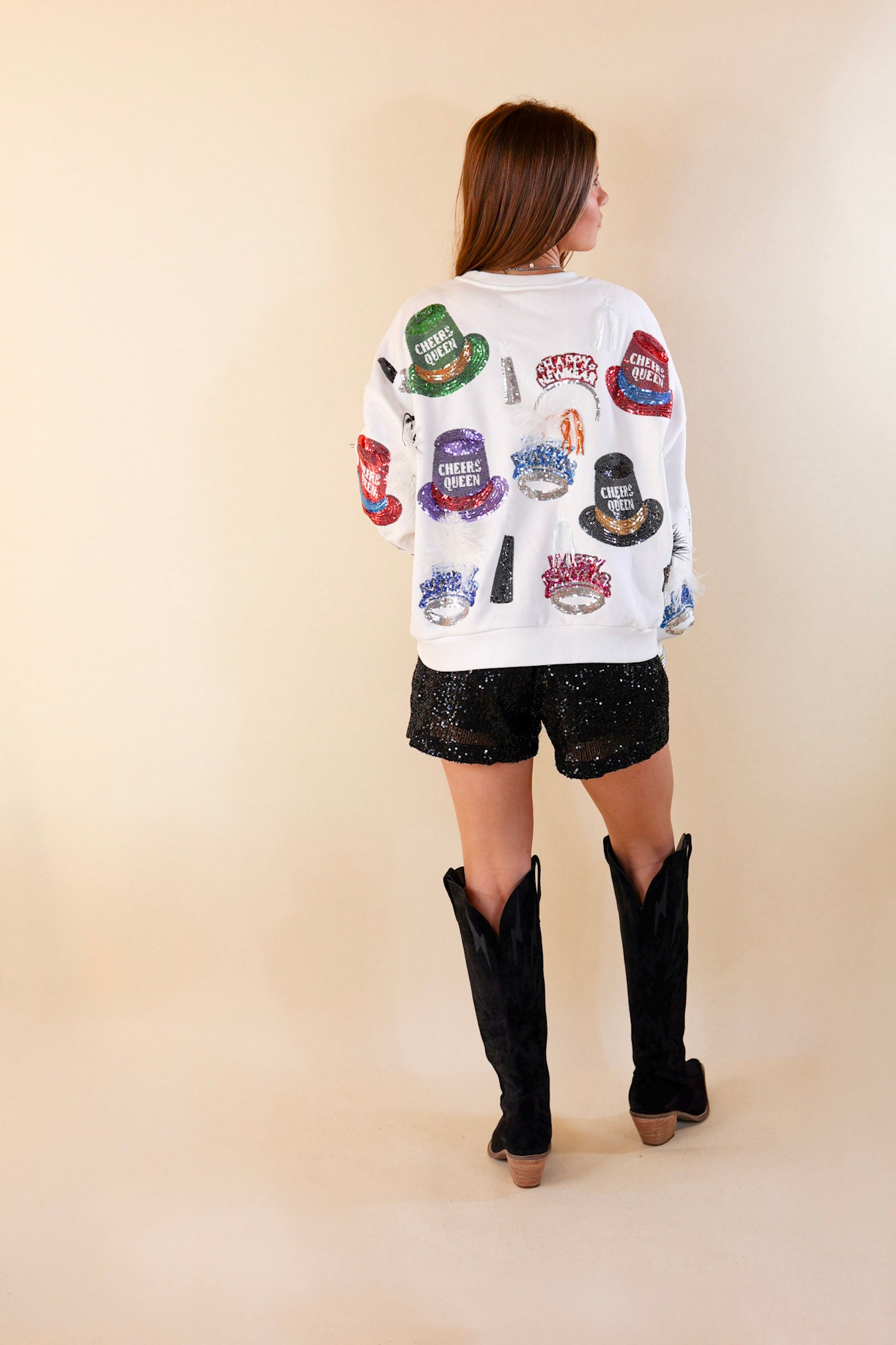 Queen Of Sparkles | Sequin New Years Hat Long Sleeve Graphic Sweatshirt in White - Giddy Up Glamour Boutique