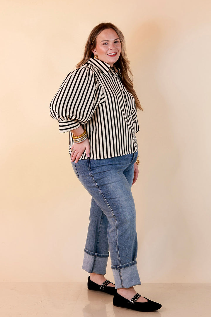 The Bold Type Striped 3/4 Sleeve Button-Up Top in Ivory with Black Stripes
