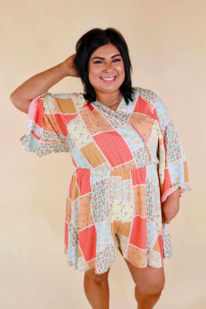 Pushing Limits Floral Patch Print Romper with 3/4 Sleeves - Giddy Up Glamour Boutique