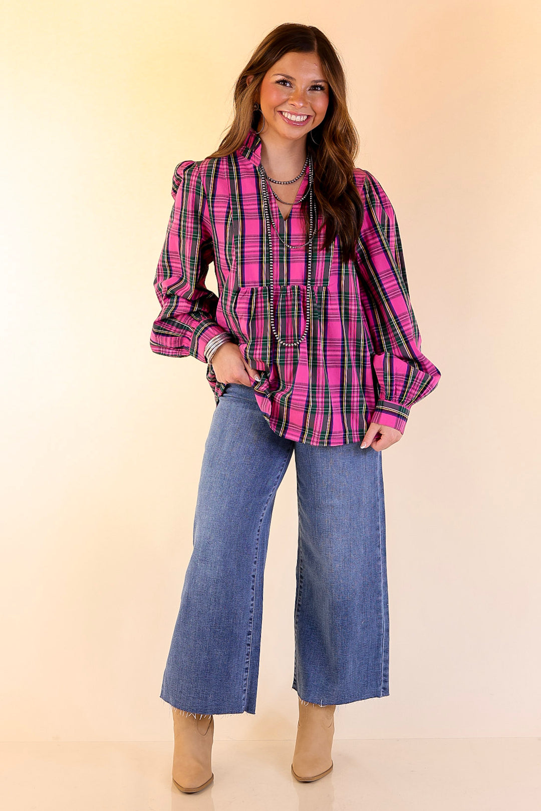 Mud Pie | Mitzy Plaid Babydoll Top with 3/4 Balloon Sleeves in Pink