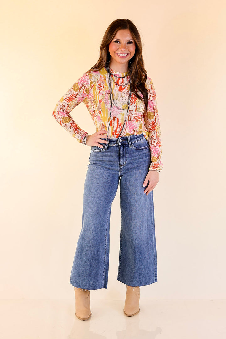 Western Dream Cacti Print Mesh Long Sleeve Top in Cream, Olive Green and Pink