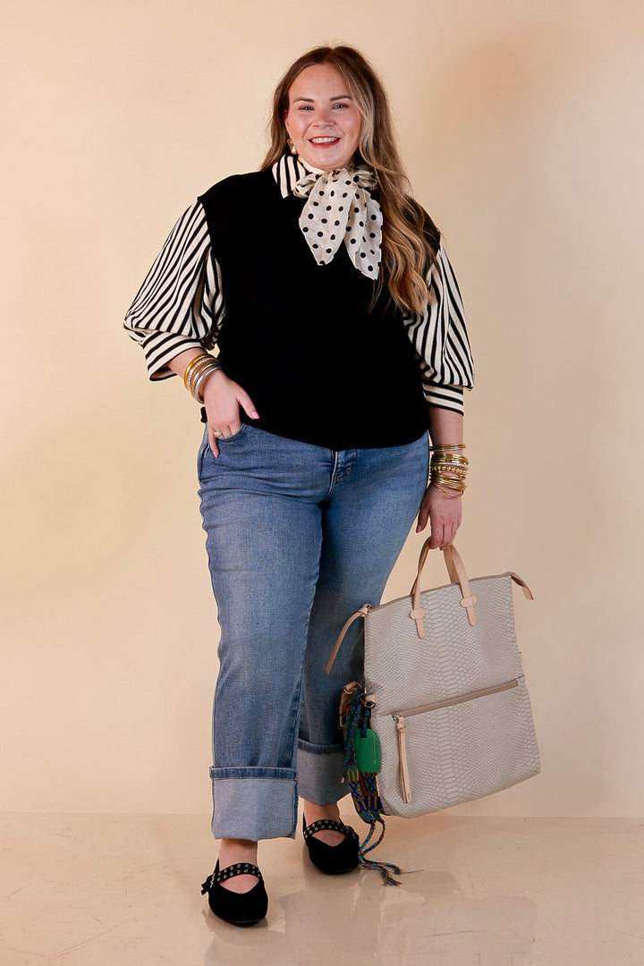 The Bold Type Striped 3/4 Sleeve Button-Up Top in Ivory with Black Stripes