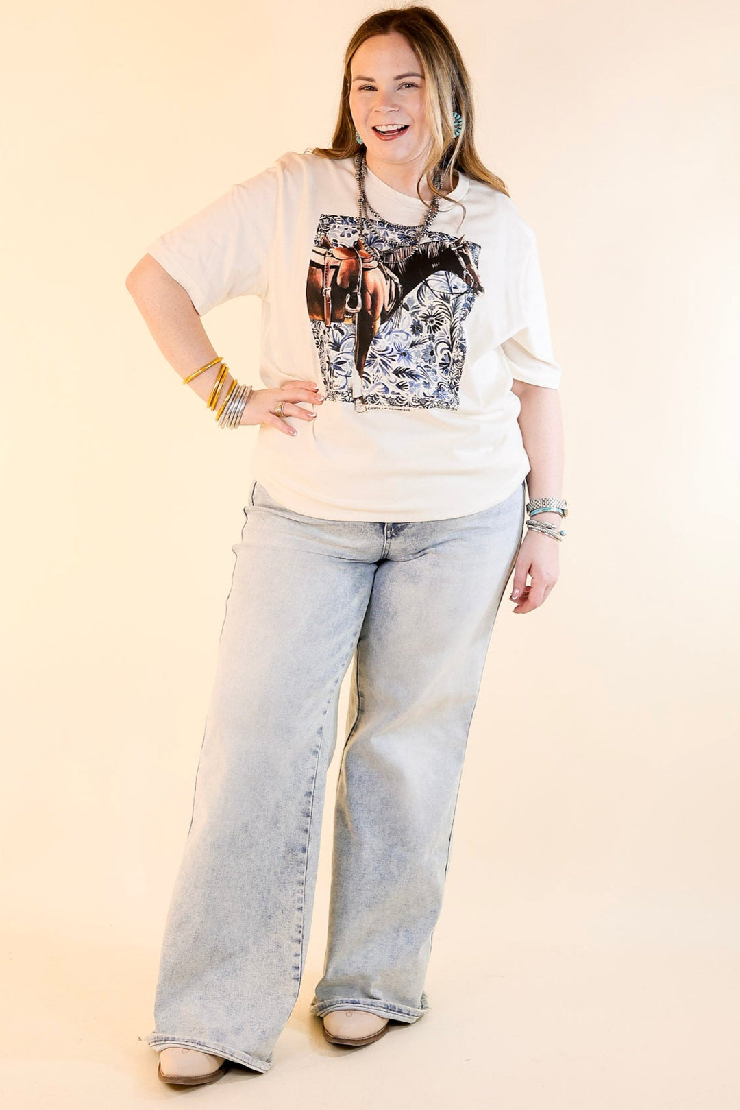 XOXO Art & Co | Denim Horse Short Sleeve Graphic Tee in Natural Cream